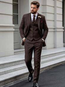 Men's Herringbone 3 PiecesElegant Suit Set, Slim Fit Business Wedding Blazer Vest Trousers Suit, Formal Party Old Money Style - Coffee Brown - View 11