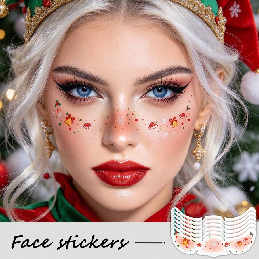 6 miếng dán mặt tàn nhang đỏ xanh Giáng Sinh, hình xăm tạm thời mặt hình mũ Noel, chuông, bông tuyết, lá holly, chống nước, decal má hồng trang điểm cho tiệc Noel, cosplay và lễ hội ngày lễ