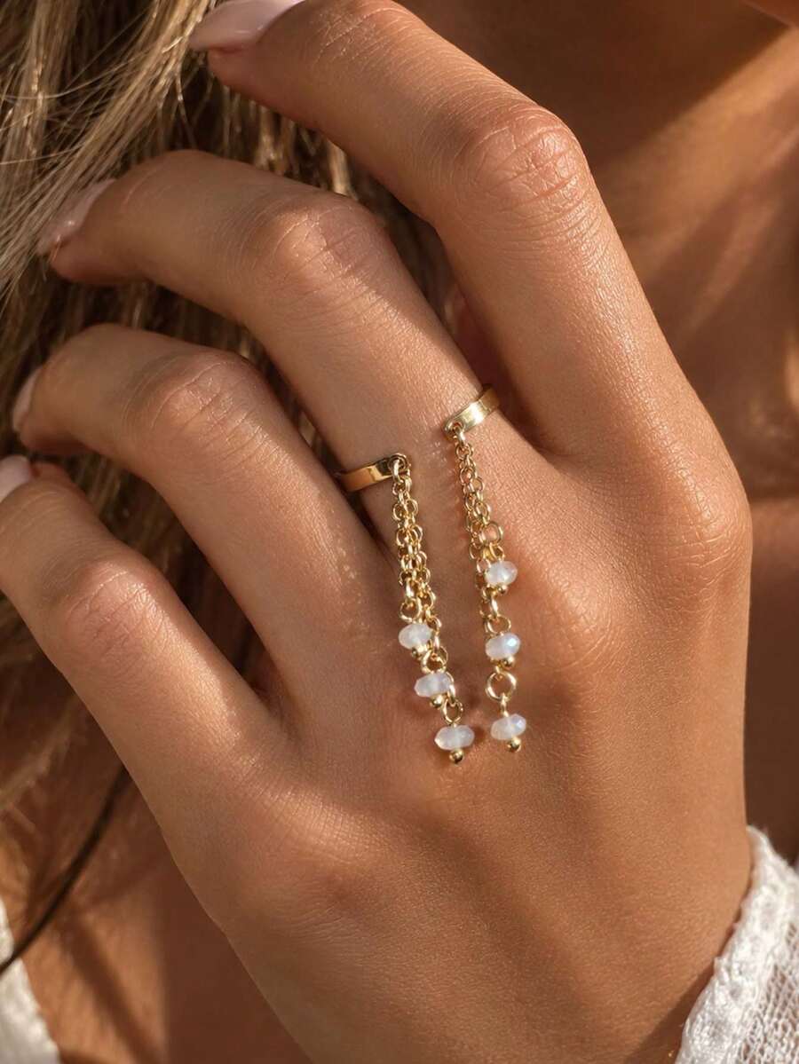 outingfit 1pc New Multi-Layer Tassel Crystal Pendant Ring, Versatile European & American Style Minimalist Tassel Ring, High-End Women's Ring - Gold - View 1
