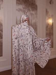 Women's Floral Print Abaya Set With Matching Hijab, Elegant Batwing Sleeve Long Dress, Modest Muslim Dubai Islamic Robe, Suitable For Daily Wear And Party - Multicolor - View 11