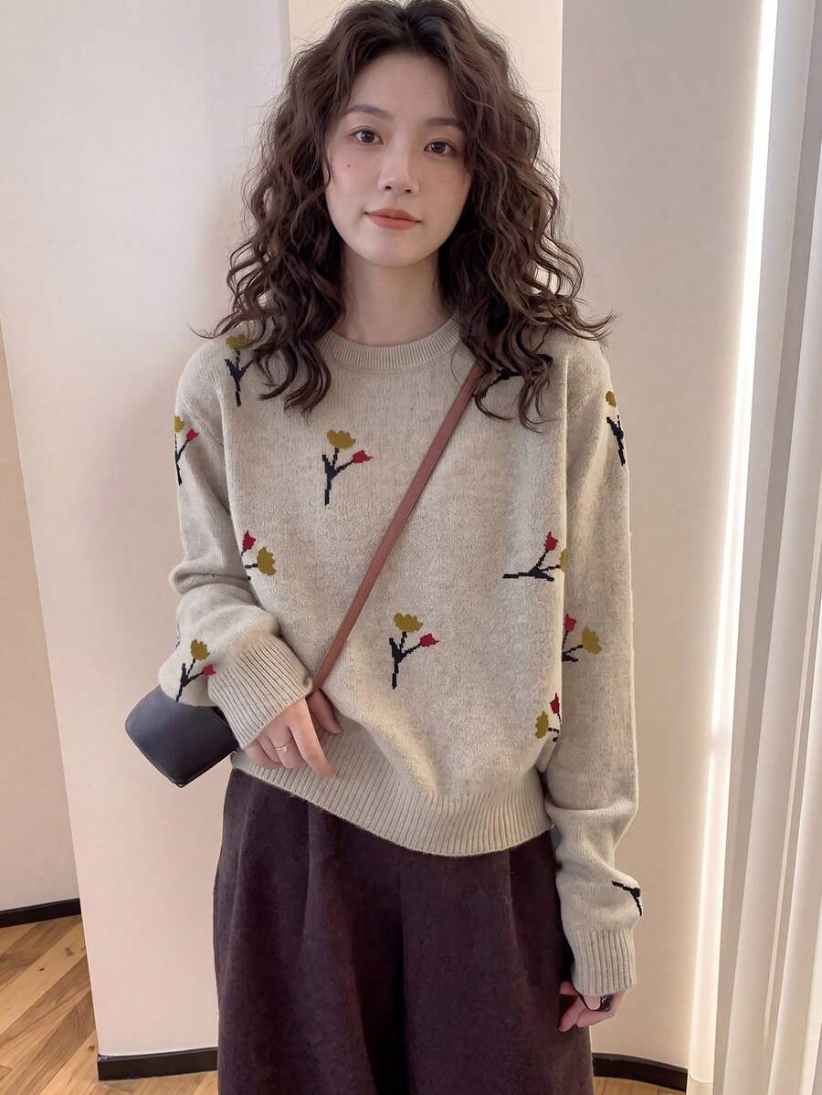 Alicedudu Women's Gentle Floral Pattern Crew Neck Sweater, Autumn/Winter - Apricot Gray - View 1