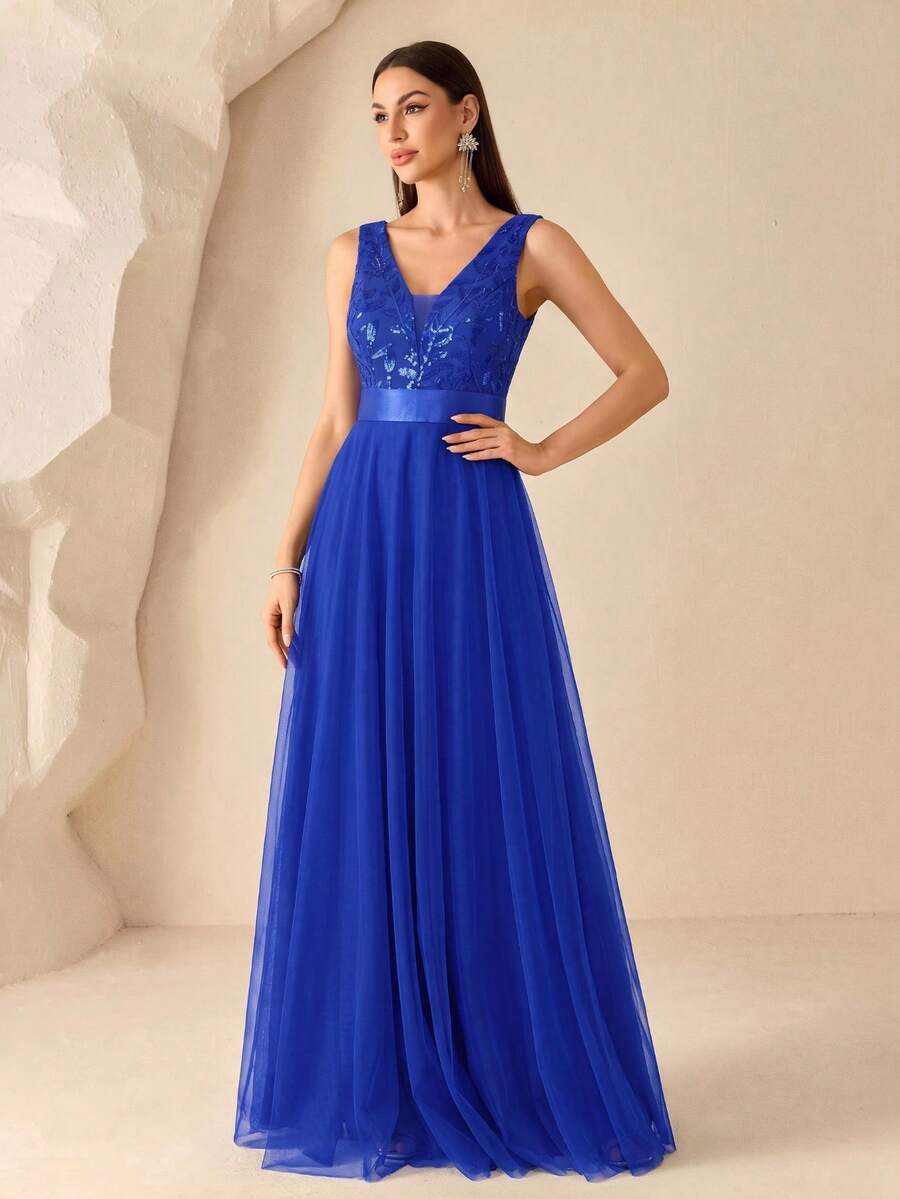 XUCTHHC Elegant Sequin Embroidery & Mesh V-Neck Sleeveless A-Line Evening Gown, Suitable For Prom, Party, Wedding Guest, Holiday, Autumn/Winter