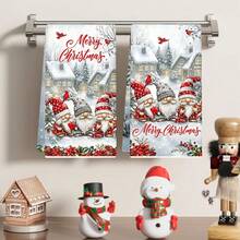 2pcs/Set, 18x26in Christmas Gnome & Red Flower Pattern Towel Set, Quick Dry Kitchen Cleaning Cloth, Soft Absorbent Towel Set, Kitchen Decor, Home Decor, Christmas Decoration, Christmas Gift For Friends. - White - View 7