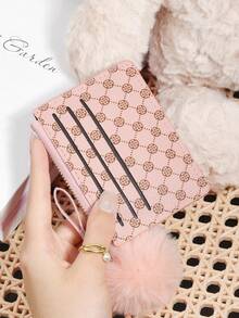 Women's Presbyopia Printed Credit Card Storage Wallet With Zipper Closure, Adorned With A Delicate Pom-Pom, Suitable For Portable Use - Black - View 12