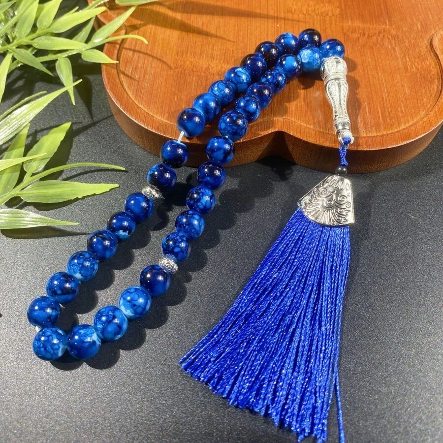 1pc Blue Cracked Pattern Tassel Prayer Beads, Islamic Religious Prayer Bracelet, Middle Eastern Muslim Handheld Beads, Suitable For Home Prayer, Religious Gatherings, Holiday Gifts And Daily Wear (Random Pattern) - Multi-color - View 1