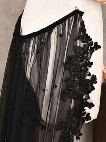 1pc Black Lace Beaded Detachable Bridal Overskirt, Tulle Wedding Dress Cape, Gothic Style Photography And Halloween Accessory - Black - View 3