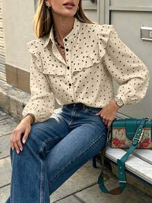 Vintage Ditsy Floral Ruffle Lantern Sleeve Loose Blouse, Gentle Chic Style, Versatile Top For Spring/Autumn, Office Commute, Casual Outings And Gatherings - Apricot - View 4