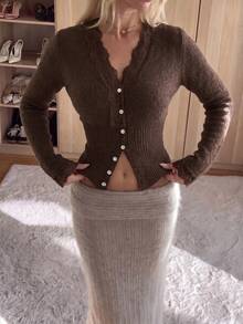 FOR BEAUTY Women's Y2K Brown Lace Trim V-Neck Button-Up Fitted Knit Cardigan Sweater Top Fall - Dark Tea Brown - View 10