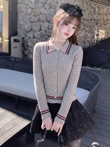 Korean Casual Style Double Zipper Hooded Knit Top, White Striped Placket And Cuffs, High Waist Slim Fit Base Layer - Flower Color - View 3