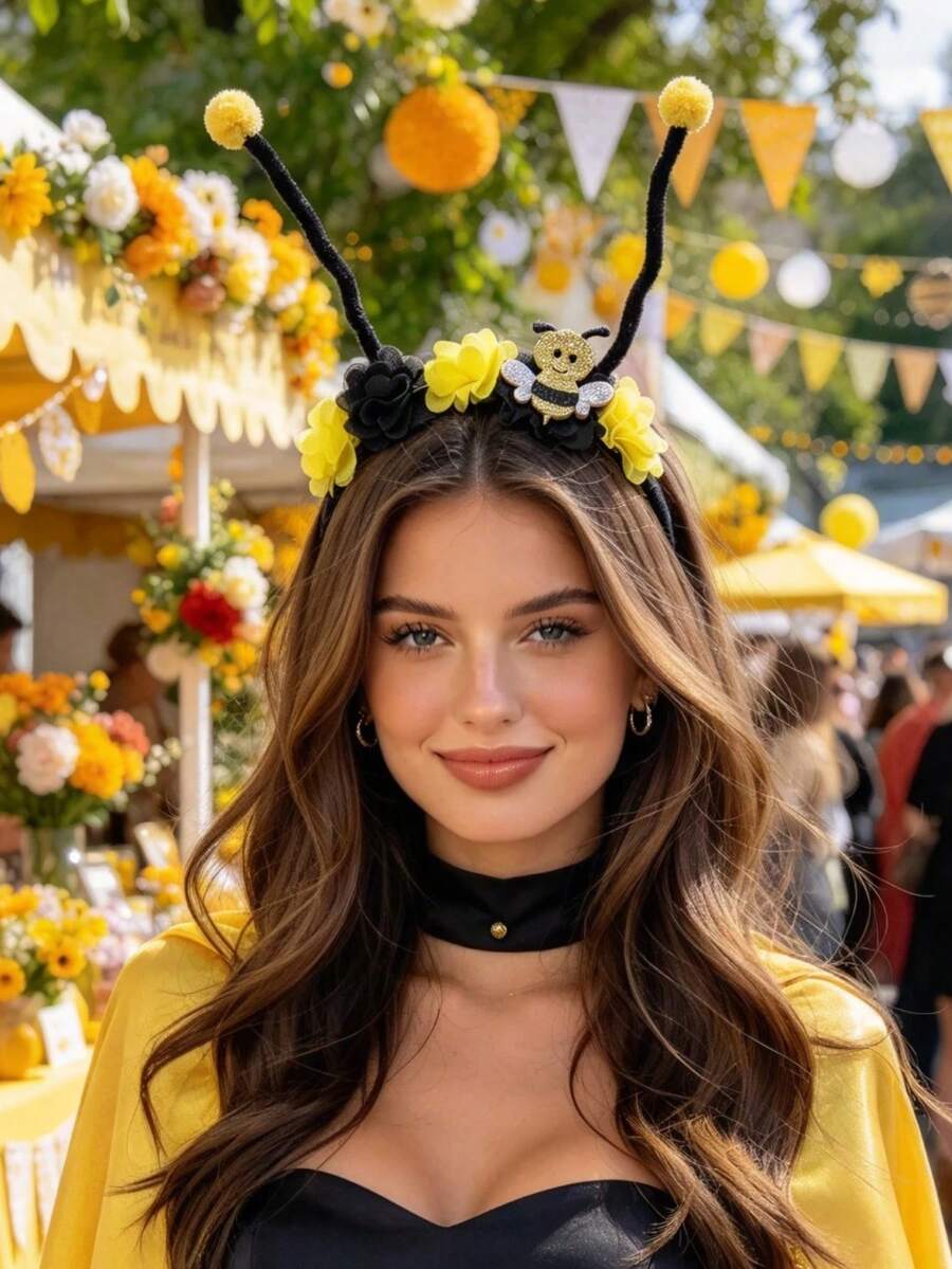 1pc Bee & Flower Antenna Headband, Insect Theme Party Head Hoop, Halloween & Children's Day Stage Performance Headpiece, Cute Plush Antenna Photo Prop - Multicolor - View 1