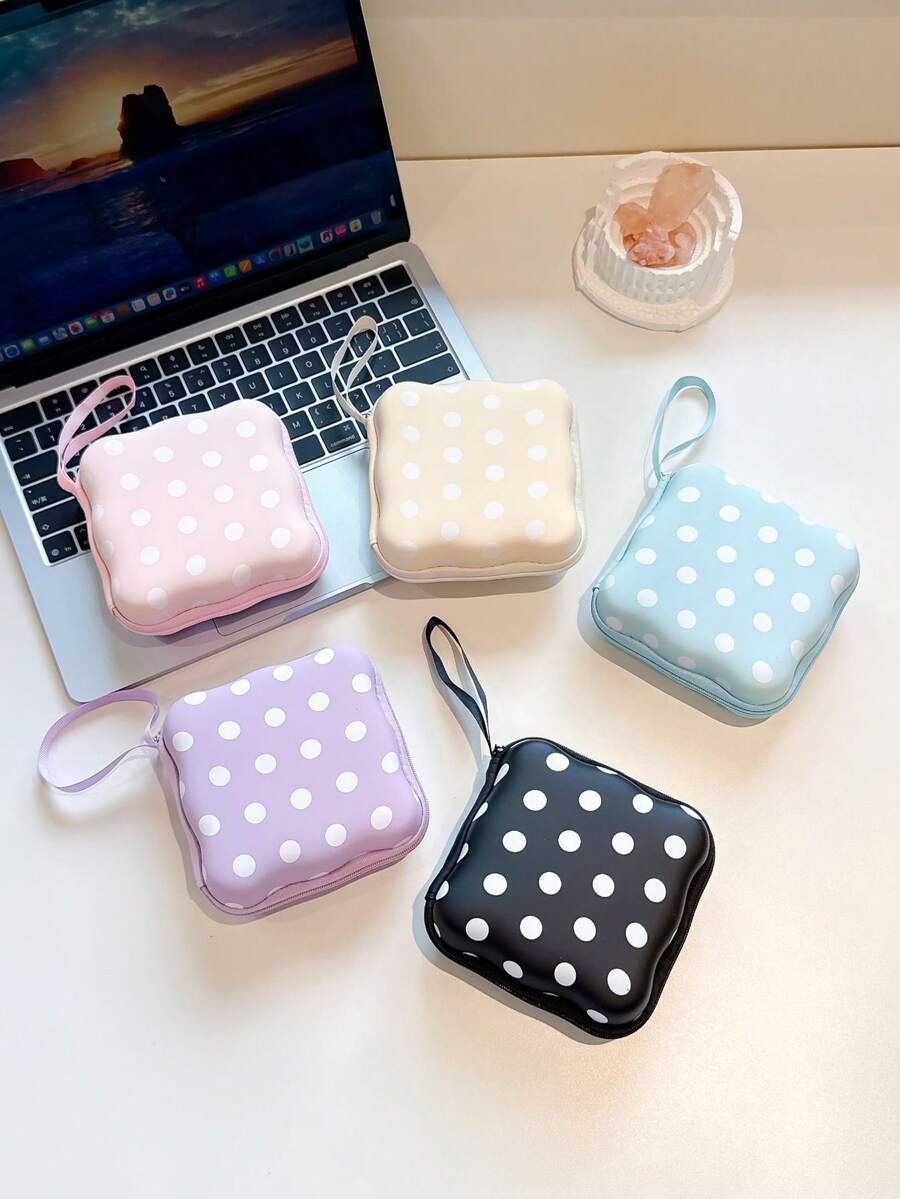 Cute Square Polka Dot Storage Case, Hard EVA Portable Zipper Pouch With Wrist Strap, Waterproof Shockproof Small Travel Organizer Bag For Earbuds, Charger, Cables, Makeup - Multicolor - View 1