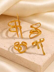 4pcs/Set Women's Gold Minimalist Geometric Open Rings, Asymmetrical Unique Design, Suitable For Daily Wear And Party - Gold - View 2