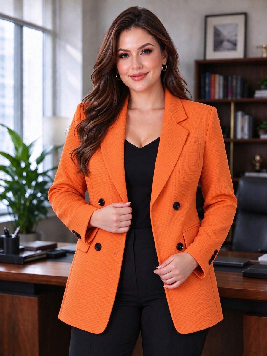 HOMEYEE 女款翻領長袖口袋襯衫,復古優雅休閒度假商務OL辦公室外套,大尺碼,春/秋/冬 - 橘色 - 查看 1