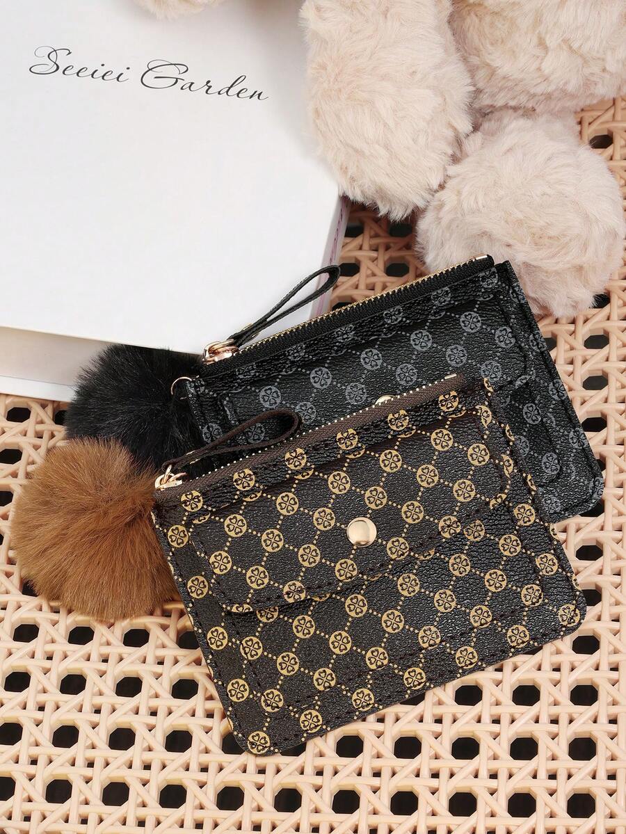 Adorned With A Delicate Pom-Pom, Fashionable Printed Coins And Credit Card Storage, Multiple Card Slots, Suitable For Carrying And Using On The Go