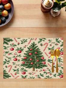246Pcs Christmas Printed Placemats Vintage Polyester Rectangular Heat Resistant Table Mats For Christmas Dining Table Decoration - Green - View 5