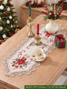 ABEST6522 Home&Living store 1pc Christmas Candle And Poinsettia Embroidered Table Runner, Hollow Carved Design, Vintage Christmas Table Decor, Suitable For Dinner Party, Family Gathering, Home Holiday Decoration - Multicolor - View 18