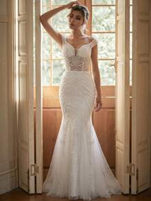 Wedding Dress, Ethereal Sheer Lace Mermaid Wedding Gown, Lace-Up Back, Sparkling Beaded Tulle Ballgown, Suitable For Wedding Guests And Evening Parties - White - View 2