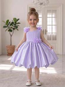 Baby Girls Asymmetrical Shoulder Bow Lace Lily Satin Cute Party Princess Flower Bud Dress, Suitable For Girls 0-3 Years Old Birthday Gift, Banquet, School, Stage, Party - Mauve Purple - View 2