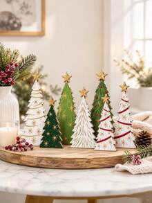 6pcs Wooden Christmas Tree Desktop Decor Set - Vintage Distressed Style With Gold Star Topper; Suitable For Winter Holiday Table, Mantel Or Shelf Decoration, Christmas Baby Shower Party Decor, Baby Party Ornament, Party Favor Gift - Multicolor - View 4