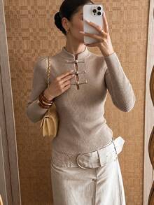Women's New Autumn Small Stand Collar Long Sleeve Knit Top, Elegant Design For Daily, Campus, Commute And Travel - Mocha Brown - View 7