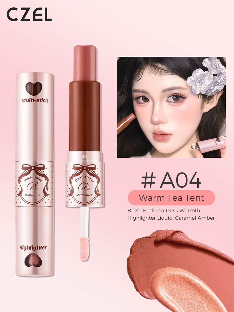 CZEL Kuzhi Dual-Color Multi-Use Lip & Cheek Stick, Lipstick Blush Highlighter Stick, Dewy Korean-Styde Nude Makeup, Portable - A04 - View 1