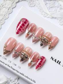 10pcs/Set Ujung Kuku Lancip Buatan Tangan, Gaya Y2K, Musim Gugur/Dingin, Warna Nude dengan Motif Ular Fuchsia Tie Dye, Manik-manik Emas Motif Leopard Jala dan Dekorasi Rhinestone, Kuku Palsu Dekoratif Elegan, Cocok untuk Pesta dan Pemakaian Sehari-hari, Termasuk Set Alat, Hadiah Sempurna untuk Wanita, Perlengkapan Seni Kuku - MultiWarna - View 3