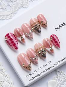 10pcs/Set Ujung Kuku Lancip Buatan Tangan, Gaya Y2K, Musim Gugur/Dingin, Warna Nude dengan Motif Ular Fuchsia Tie Dye, Manik-manik Emas Motif Leopard Jala dan Dekorasi Rhinestone, Kuku Palsu Dekoratif Elegan, Cocok untuk Pesta dan Pemakaian Sehari-hari, Termasuk Set Alat, Hadiah Sempurna untuk Wanita, Perlengkapan Seni Kuku - MultiWarna - View 2