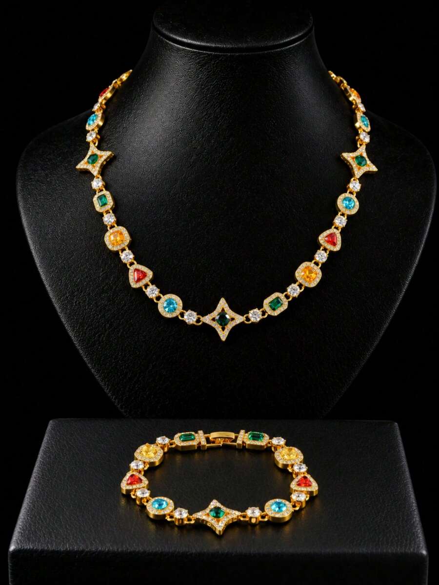 European And American Luxury Colorful Multi-Element Four-Pointed Star Necklace And Bracelet Set, Vintage Rhinestone Studded Jewelry For Women And Men, Versatile For Parties