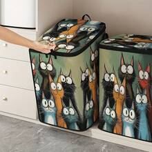 1pc 2D Flat Foldable Zipper Storage Box, Big Eye Cat Pattern Design, Can Store Clothes, Bedding, Nail Tools, Holiday Sundries, Suitable For Under Bed, Closet Placement And Moving Packing, Zipper Closure Secure, Reinforced Handle Durable Living Room Sundries Storage Basket, Dormitory Seasonal Bedding, Book Storage Supplies - A - View 4