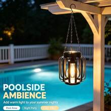 Solar Hanging Lantern, Black Metal Cage Solar Powered Pendant Light, Waterproof LED Edison Bulb Lamp, Auto On/Off Outdoor Decor Light For Garden, Patio, Porch, Tree Branch, Yard, Party, Wedding Ambient Decoration - Warm White Light - View 4