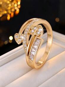 1pc Women's Luxury Style Double Heart Intertwined Ring, Embedded With Sparkling Multi-Faceted Cut Cubic Zirconia, Versatile For Daily Commute, Gift Accessory - Ring - View 12