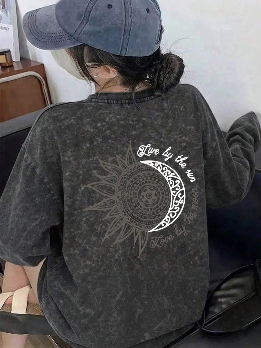 New Autumn/Winter Gen Z Y2K Style Women's Designer Print Round Neck Washed Distressed Long Sleeve T-Shirt Loose Casual Versatile - Black - View 1