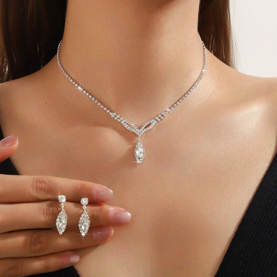 1套鋯石流蘇項鍊耳環兩件組 女款新娘婚紗飾品 - 白色 - 查看 1