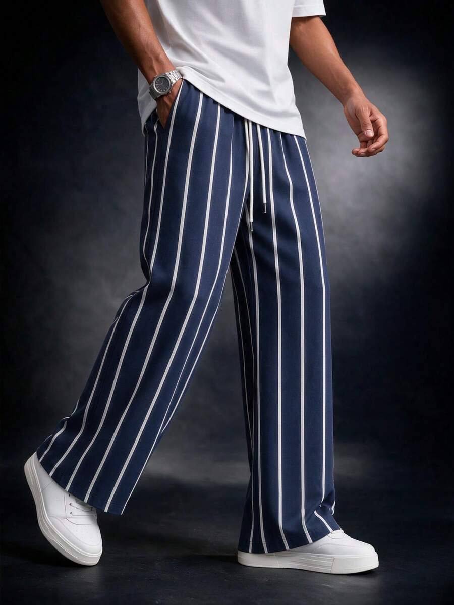 SU ER Men's Summer Striped Loose Drawstring Elastic Waist Casual Pants, Drapey Lazy Wide Leg Long Trousers - Navy Blue - View 1