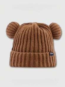 ML&ZA Women's Cute Bear Ear Knit Hat, Solid Color Ribbed Cuff Winter Beanie With Small Label, Warm Soft Headwear For Daily Outdoor Cold Weather - Multicolor - View 3