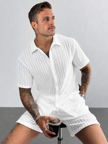 GloMan Men's Casual Vacation Set, Premium Textured White Short Sleeve Shirt, Drawstring Waist Shorts Set, Suitable For Summer/Autumn, Dating, Father/Husband - White - View 1