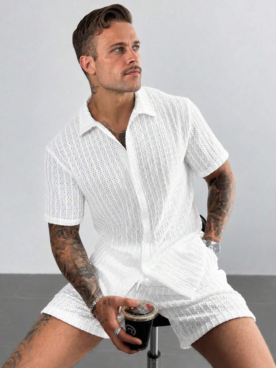 GloMan Men's Casual Vacation Set, Premium Textured White Short Sleeve Shirt, Drawstring Waist Shorts Set, Suitable For Summer/Autumn, Dating, Father/Husband - White - View 1