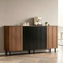 Küchenbuffet & Sideboard 160x35x80 cm, Nussbaumfarben/Schwarz, mit 4 Türen, verstellbaren Innenregalen und Metallbeinen, Beistellschrank, Anrichte, Kommode, Esszimmerschrank, Küchenschrank für Esszimmer, Küche, Wohnzimmer & Flur - Braun - Übersicht 5