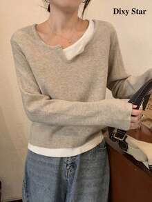 韓式薄款撞色假兩件設計時尚內搭針織毛衣 - 杏色 - 查看 8