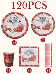 120PCS Christmas Disposable Paper Tableware Set, Includes 7-Inch And 9-Inch Plates, Paper Cups, Napkins And Straws; Pattern Designs Cover Santa Claus, Reindeer Sleigh, Buffalo Plaid, Snowman And Christmas Tree, Suitable For Christmas Party, Holiday Dinner, Winter Celebration And Various Party Events. - Multi-color 2 - View 7