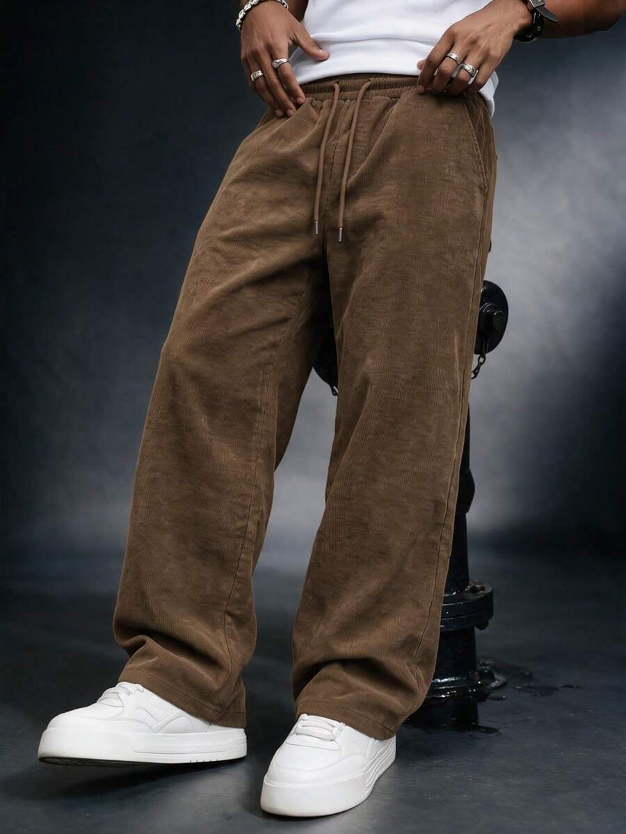 SU ER Men's Casual Loose Drawstring Elastic Waist Corduroy Wide Leg Long Pants With Drape - Brown - View 1