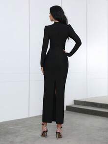 Love Aing Women Fall Winter Black Long Dress, Long Sleeve Hand-Set Rhinestones, Modest Luxury Elegant Gown For Wedding Guest, Formal Dinner, Festival & Party - Black - View 9