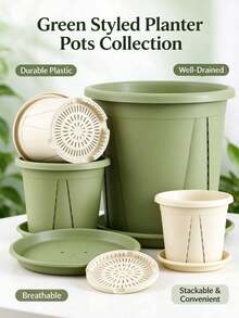 Multi-Size Plastic Flower Planter Pots With Drainage Saucer, Breathable Side Design Plant Container For Desktop, Balcony, Living Room, Indoor & Outdoor Home Gardening Decor - A - View 10