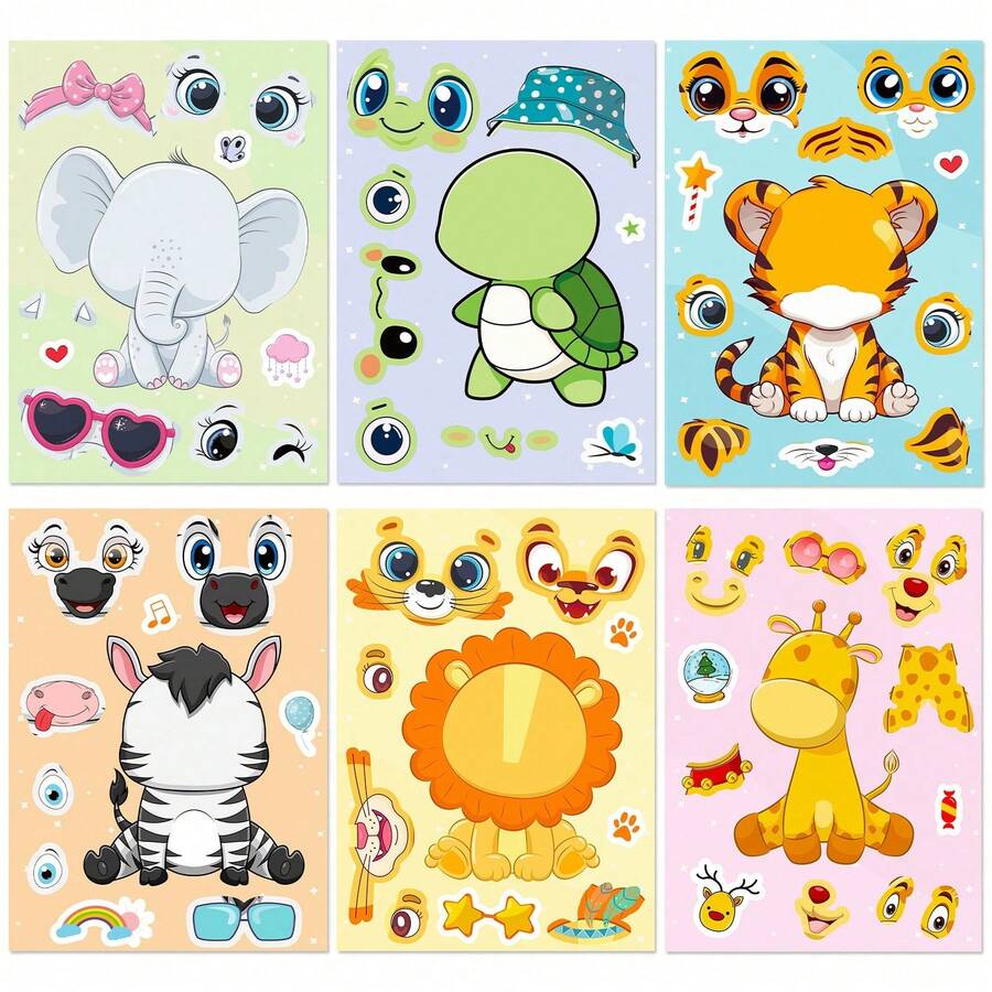 6 Lembar Stiker Puzzle Hewan Hutan, Stiker Wajah Singa, Harimau, Gajah, Jerapah Safari yang Lucu, Stiker DIY Seru untuk Anak-Anak untuk Scrapbooking, Kerajinan Edukatif Interaktif Orang Tua-Anak - MultiWarna - View 1