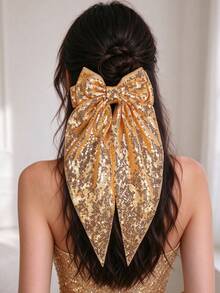 1pc Casual Versatile Sequin Large Bow Hair Clip With Long Ribbon, Half-Up Hair Accessory For Back Of Head, Stage Performance Accessory - Gold - View 7