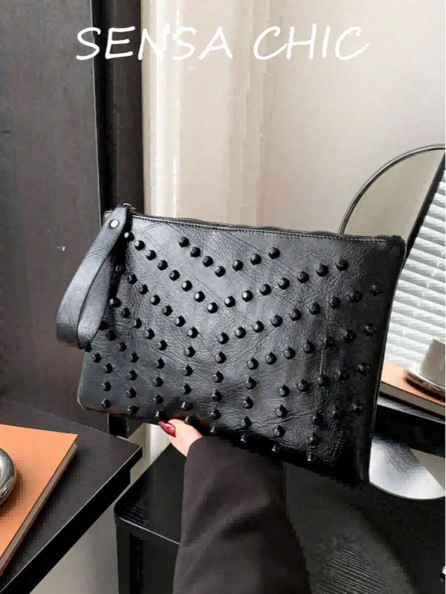 新款時尚純色PU防水手提包，不對稱鉚釘設計，Y2K女孩風便攜信封包，拉鍊開合，可作為手機包使用，適合各種場合，戶外旅行理想選擇，方便攜帶與收納，時尚女款手拿包