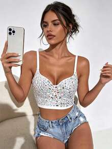Fashionable Personalized Slimming Acrylic Sequin Backless Colorful Cropped Camisole Bustier Tank Top Casual White Summer - White - View 1