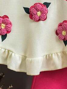 Setelan 2 Potong Kasual Manis Musim Semi/Gugur untuk Bayi Perempuan, Desain Hem Berumbai Bunga 3D, Atasan Lengan Panjang Rajut Waffle Leher Bulat + Celana Panjang Flare Warna Fuchsia - Hot Pink - View 4