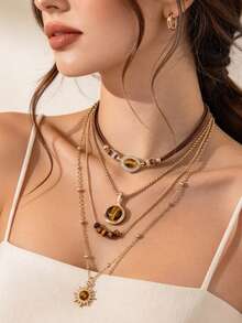 1 Set Vintage Multi-Layer Tiger Eye Stone Sun Pendant Necklace Set, Luxury Niche Accessory, Suitable For Friends, Sisters, Women, Best Choice For Daily Wear - Brown - View 4