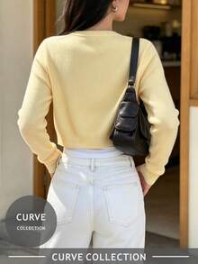 Women's Plus Size Vintage Short Knit Cardigan, Long Sleeve Button Front Top, Suitable For Autumn - Yellow - View 2